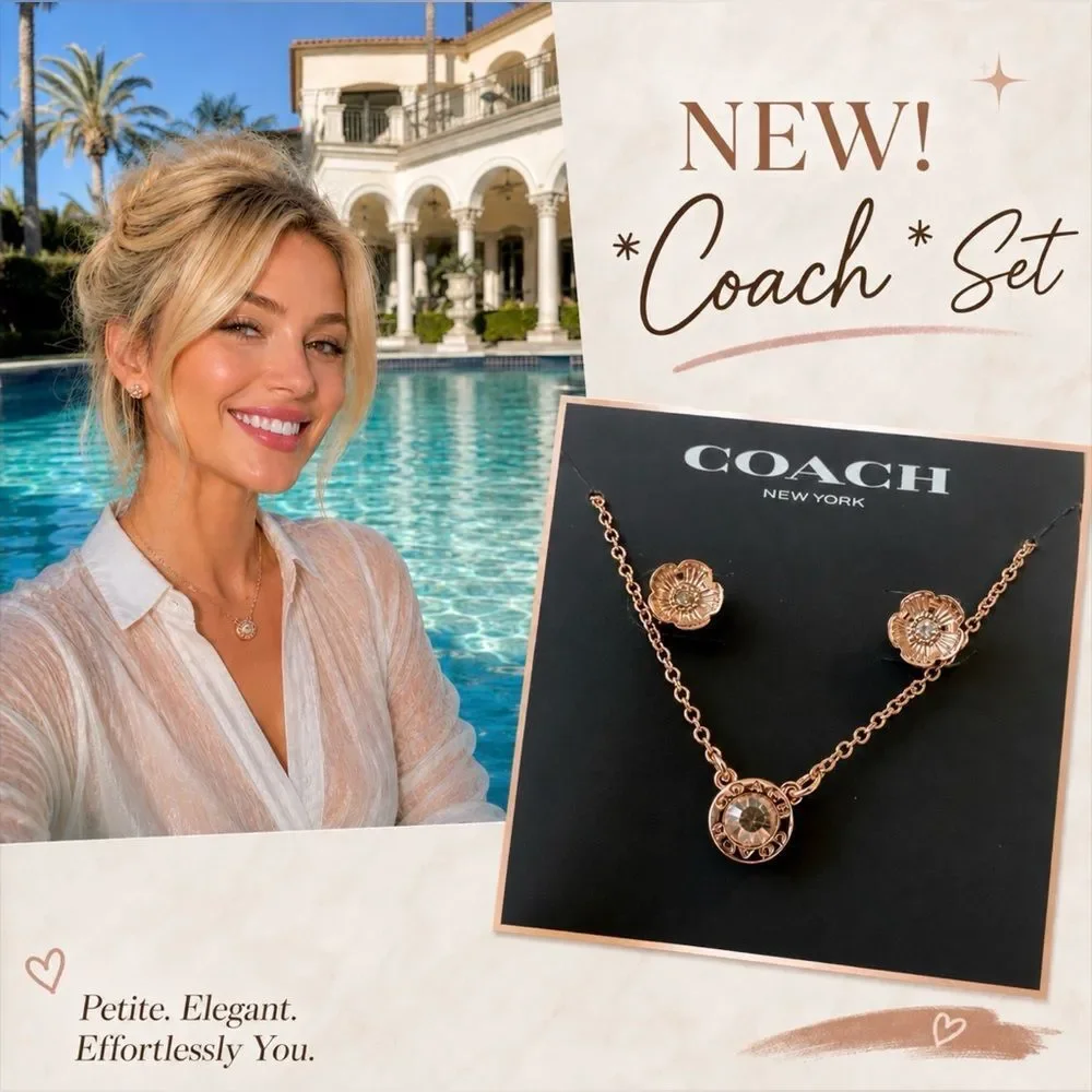 Coach Rose Gold Necklace and Tea Rose Earring Set
